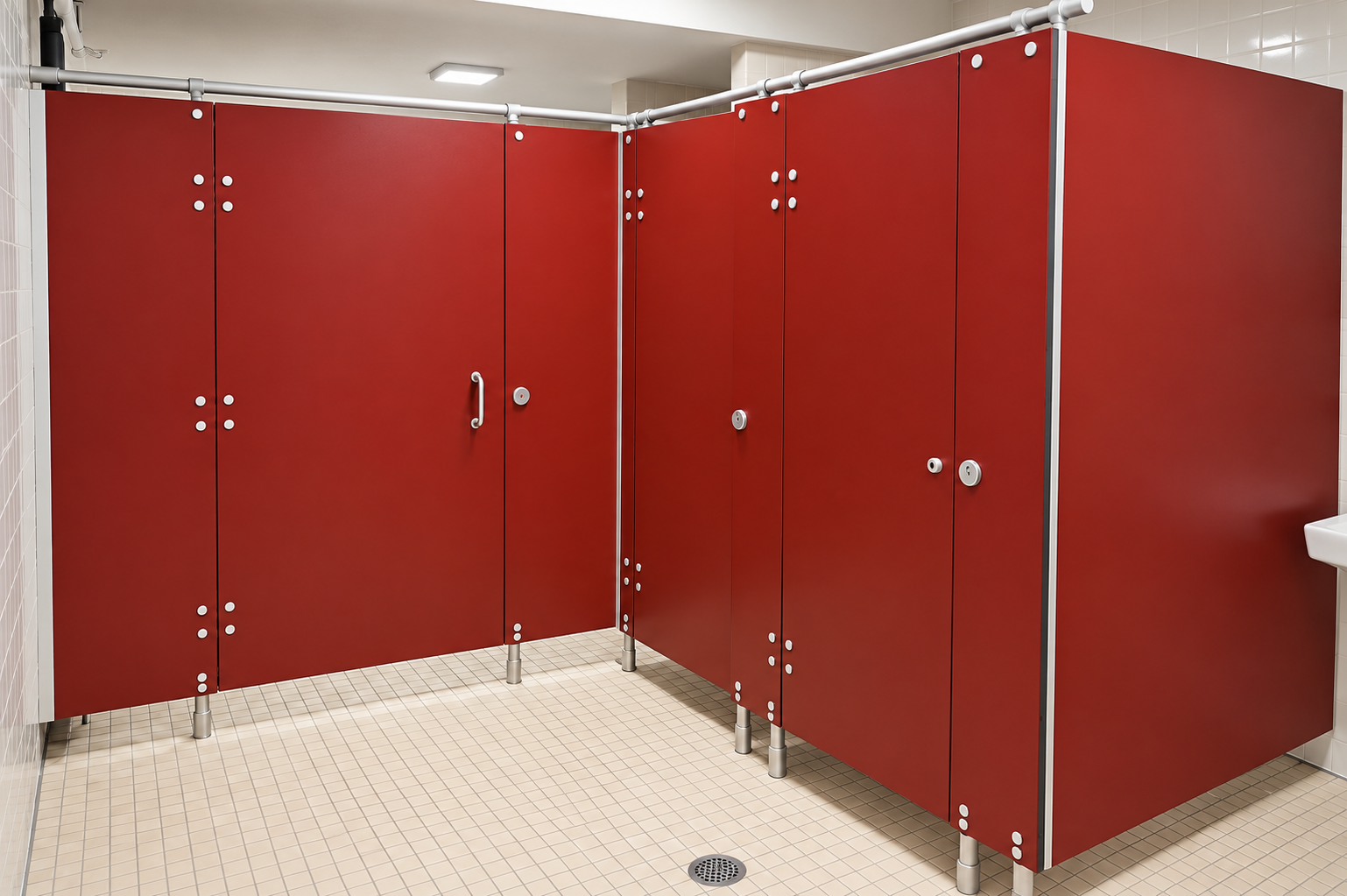PRIVACY 1000 overhead-braced restroom partition installation