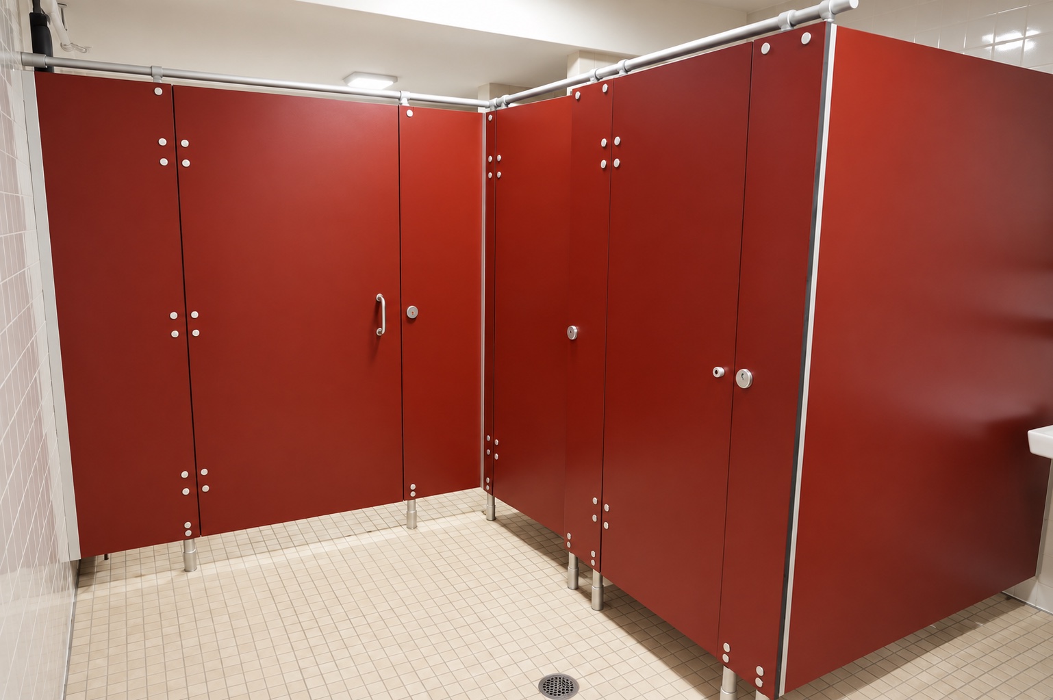 PRIVACY 1000 overhead-braced restroom partition installation